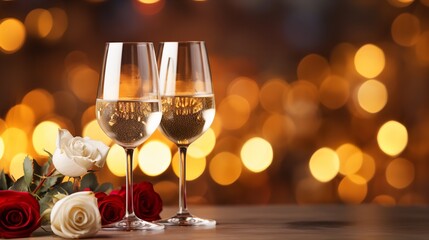 Two Champaign glass in a clean surface with a bokeh of glittery backdrop and copy space, Generative AI.