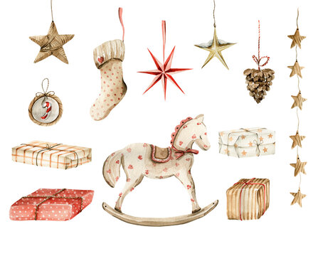 Watercolor set of retro ornaments for Christmas tree. Thematic trendy elegance vintage toys on white backdrop, star, cone, gifts, present, wooden horse. Hand drawn atmospheric winter collection