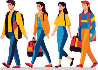 Group of four young adults walking confidently with luggage. Diverse travelers in casual wear going on a trip. Travel and tourism concept. Friends ready for vacation vector illustration.
