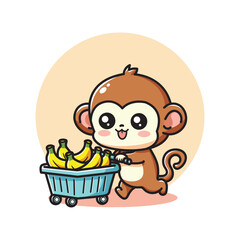 cute vector design illustration of monkey and shopping basket