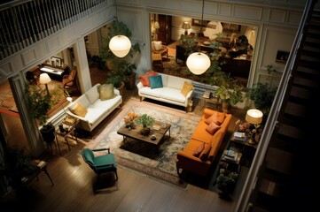 Inviting Looking down living room. Family laptop. Generate Ai