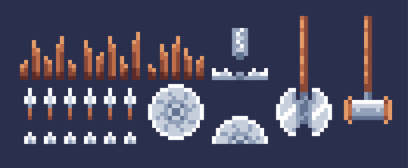 A set of pixel art traps for creating retro games - obrazy, fototapety, plakaty