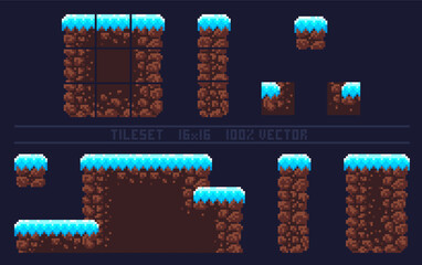 Pixel art tile set for 2d retro game. A set of winter tiles with snow for platformer. Location and landscape constructor. The resolution of the block is 16 x 16 pixels.