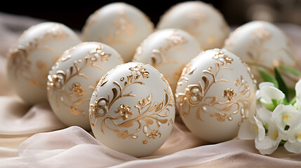Easter eggs colored in light beige pearl colors and decorated with gold and pearls on textile background