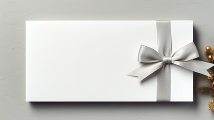White backdrop with a grey ribbon bow and a blank white gift voucher isolated on it, Generative AI.