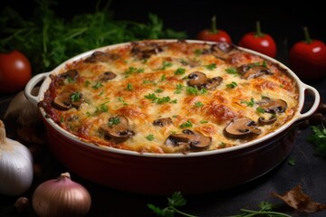 Casserole with champignons and cheese in a cast iron frying pan