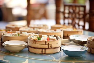 dim sum spread in bamboo steamers