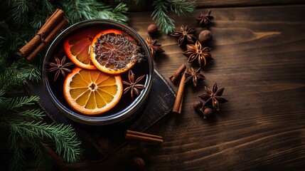 Winter mulled wine with cinnamon and oranges set against a wooden backdrop, xmas, Generative AI.