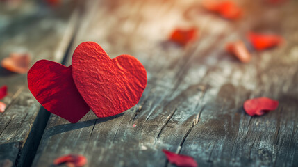 Paper cut heart shapes on wood background. Valentine's Day design background with space for text.