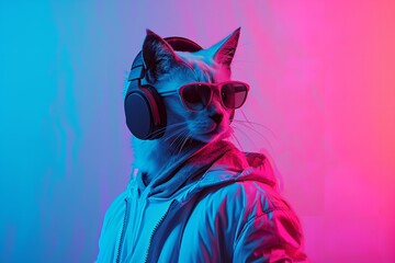 A cat wearing jacket and headphone under neon light, Generative AI.