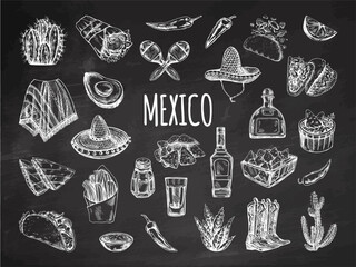 Hand-drawn set of realistic mexican elements on chalkboard background. Vintage sketch drawings of food, drinks, clothes, tools. Vector ink illustration. Mexican culture. Latin America.