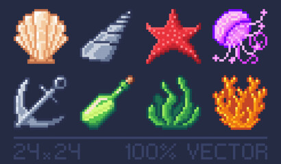 Set of pixel art icons for retro games. Marine resources and loot icons. Ocean themed underwater set. Icon resolution is 24 by 24 pixels.
