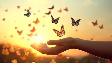 human hands releasing group of butterflies over sunset, Hope freedom concept - obrazy, fototapety, plakaty