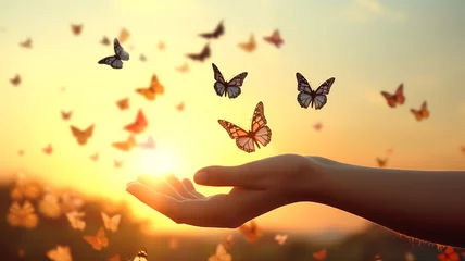 Foto op Plexiglas human hands releasing group of butterflies over sunset, Hope freedom concept © Yuwarin