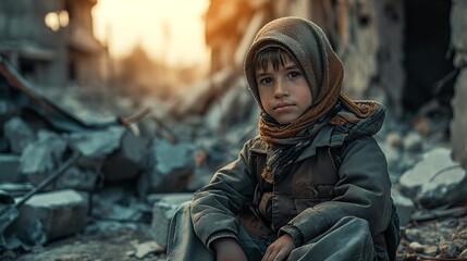 A child in the middle a war destruction, Generative AI.