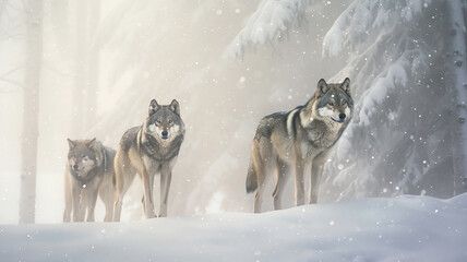 Naklejka premium a group of wild wolves in the winter forest, wildlife