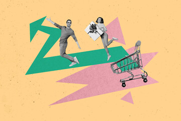 Happy new year collage of young couple shopping hold gift box preparing for winter holidays with...