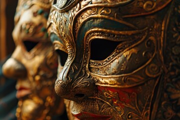 Obraz premium A close-up shot of a group of masks. Ideal for use in costume parties and theatrical performances