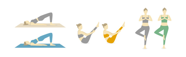 様々なポーズのマットピラティスの女性