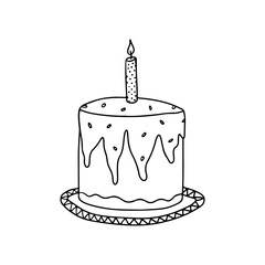 Single doodle cake with candle for birthday card, greeting, posters, recipe, culinary design. Isolated on white background. Hand drawing vector illustration.