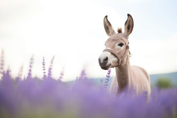 donkey standing in a lavender field, ears pricked up