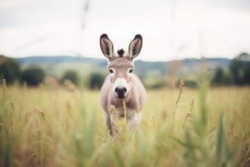 Naklejka na ściany i meble donkey in a field with perked ears facing camera