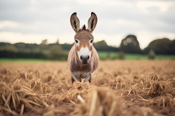 donkey in a field with perked ears facing camera