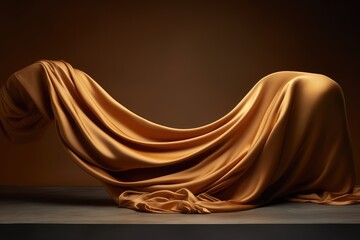 Elegant golden satin fabric flowing with smooth waves on the dark product presentation performance...