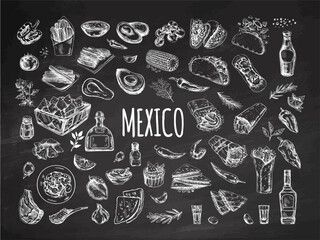 Hand-drawn set of realistic mexican dishes and products on chalkboard background. Vintage sketch drawings of Latin American cuisine. Vector ink illustration. Mexican culture. Latin America. - obrazy, fototapety, plakaty