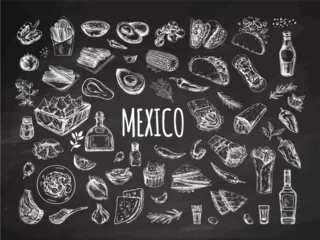 Fotobehang Hand-drawn set of realistic mexican dishes and products on chalkboard background. Vintage sketch drawings of Latin American cuisine. Vector ink illustration. Mexican culture. Latin America. © Mariia Mazaeva