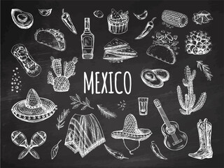 Hand-drawn set of realistic mexican elements on chalkboard background. Vintage sketch drawings of food, drinks, clothes, tools. Vector ink illustration. Mexican culture. Latin America.