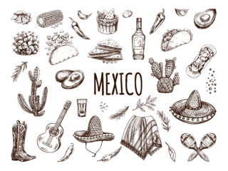 Fotobehang Hand-drawn set of realistic mexican elements. Vintage sketch drawings of Latin American culture. Vector ink illustration. Mexican culture. Latin America. © Mariia Mazaeva