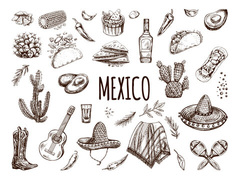 Hand-drawn set of realistic mexican elements. Vintage sketch drawings of Latin American culture. Vector ink illustration. Mexican culture. Latin America.