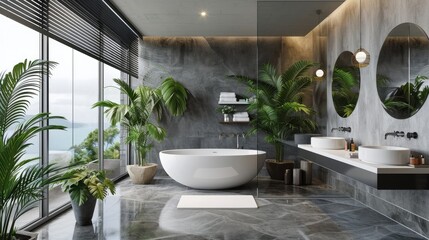 Interior design in urban jungle style. Modern bathroom decorated with green tropical plants and wicker home decor elements. Freestanding white tub, shower space and wash basin inside bohemian restroom - obrazy, fototapety, plakaty
