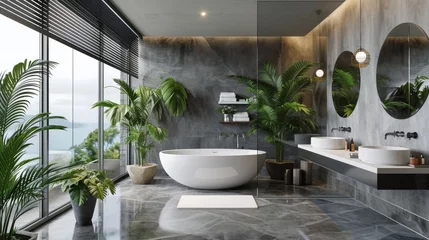 Poster Interior design in urban jungle style. Modern bathroom decorated with green tropical plants and wicker home decor elements. Freestanding white tub, shower space and wash basin inside bohemian restroom © petrrgoskov