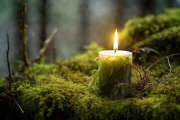 Lit candle in forest with moss. Generative AI