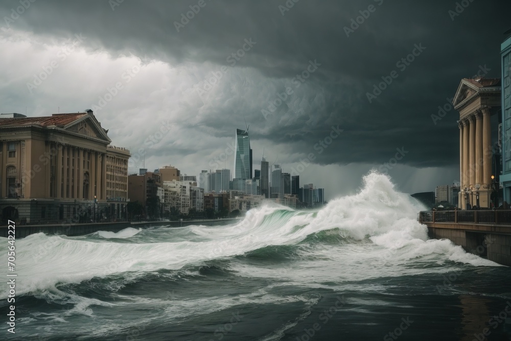 Poster severe storm and flooding in the city. threatening clouds create a dramatic view. a natural disaster