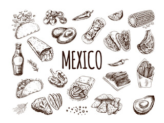 Hand-drawn set of realistic mexican dishes and products. Vintage sketch drawings of Latin American cuisine. Vector ink illustration. Mexican culture. Latin America.