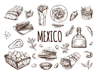 Hand-drawn set of realistic mexican dishes and products. Vintage sketch drawings of Latin American cuisine. Vector ink illustration. Mexican culture. Latin America.