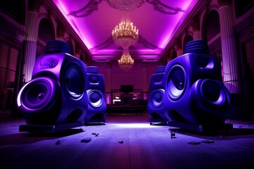 Mesmerizing Loudspeakers purple light. Digital media. Generate Ai