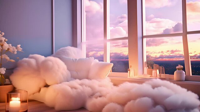A cozy corner with a fluffy white armchair and floating flying cotton clouds by a large window at dusk