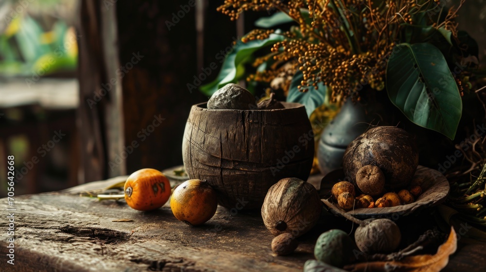 Poster a collection of various nuts placed on a sturdy wooden table. perfect for food-related projects and 
