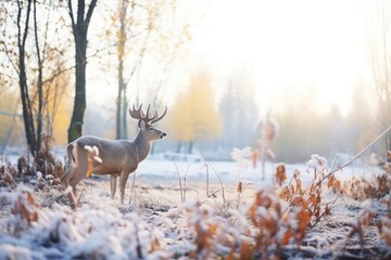 frost-covered foliage with elk breathing mist