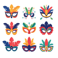 Obraz premium Set of colorful carnival masks with feathers and decoration. Collection of festive masquerade party accessories. Carnival celebrations and Mardi Gras vector illustration.