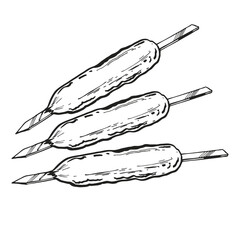 Obraz premium vector set of barbeque theme, line art of kebab, roasted grilled meat, inked sketch illustration of street food, traditional American picnic, monochrome illustration isolated on white background