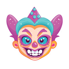 Colorful clown face vector illustration. Playful circus character with party hat and makeup. Cartoon fun and entertainment theme.