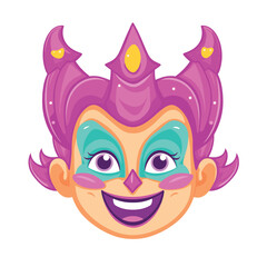 Colorful cartoon genie face with purple hair and a joyful expression. Female fantasy character smiling happily. Magical creatures and fun character design vector illustration.
