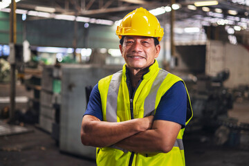 portrait of a male engineer standing in factory and arm cross looking at camera
