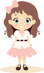 Fototapeta premium Cute cartoon little girl standing in pink skirt and bow. Cheerful young character with big eyes, kid's fashion and innocence vector illustration.