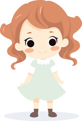 Cute little girl standing with a happy smile, wearing a green dress and brown shoes. Child with curly hair, adorable toddler vector illustration.